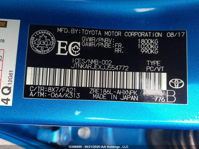 JTNKARJEXJJ554772 Toyota 2zr-fae
