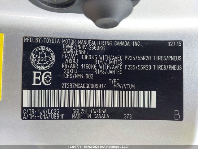 2T2BZMCA0GC009917 Lexus RX