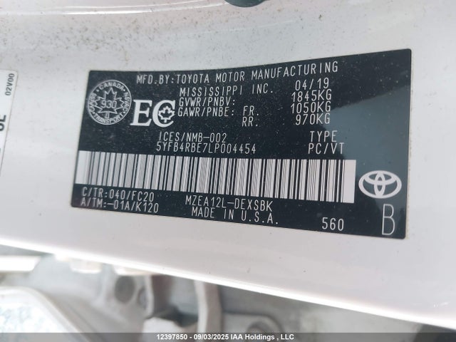 5YFB4RBE7LP004454 Toyota COROLLA SE