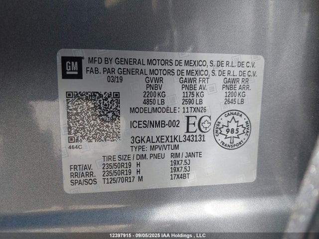 3GKALXEX1KL343131 GMC ltg - spark ignited direct injection, alum dohc, vvt, dcvcp turbo, e0-e100, alum