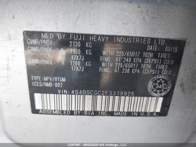 Subaru 2.5l c0 2015 4S4BSCGC2F3319925 Image 9