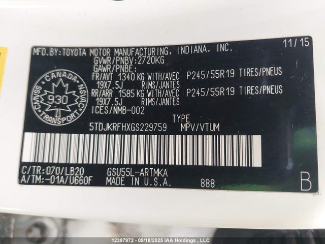 5TDJKRFHXGS229759 Toyota 2gr-fe