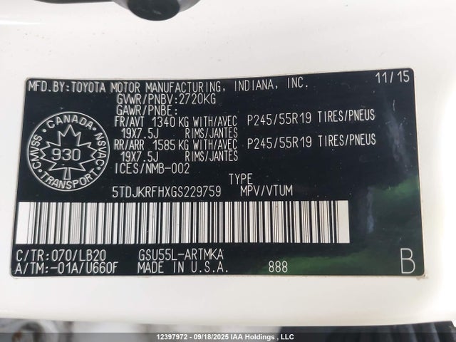 5TDJKRFHXGS229759 Toyota 2gr-fe
