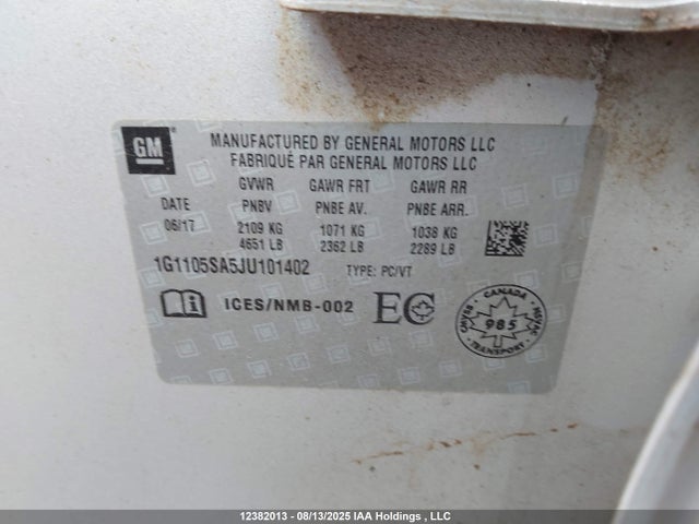 1G1105SA5JU101402 Chevrolet lcv - spark ignited direct injection, dcvcp, variable valve timing, e85 max, e0-e100, alum