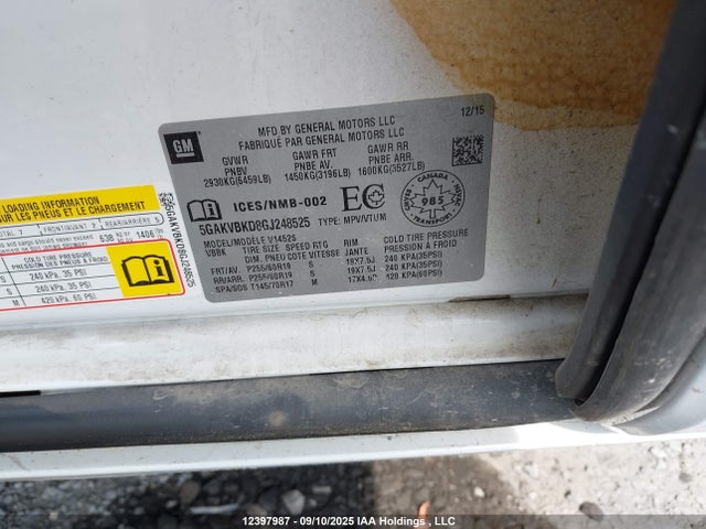 Buick llt - sidi, alum, 60 degrees 2016 5GAKVBKD8GJ248525 Image 9