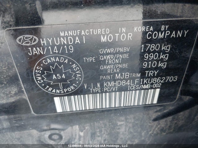 KMHD84LF1KU862703 Hyundai mpi nu