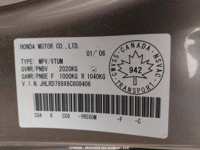 Продажа на аукционе авто 2006 Honda Cr-v Ex-l, vin: JHLRD789X6C808406, номер лота: 12398006