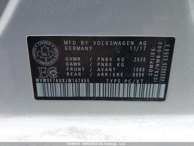 WVWVF7AUXJW147455 Volkswagen 2018