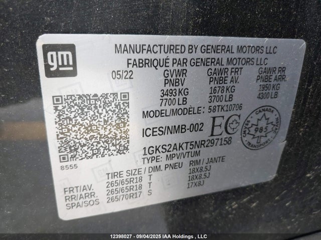 1GKS2AKT5NR297158 GMC lm2 - cri, l6, vgt, alum