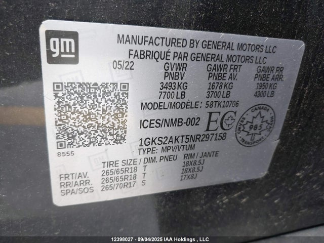 1GKS2AKT5NR297158 GMC lm2 - cri, l6, vgt, alum
