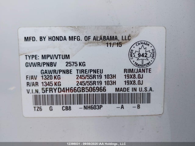 Acura j35y5 2016 5FRYD4H66GB506966 Image 19