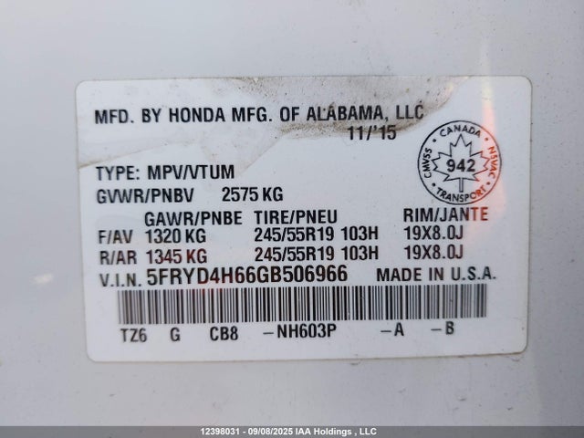 Acura j35y5 2016 5FRYD4H66GB506966 Image 9