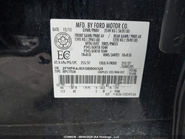 Ford Edge 2016 2FMPK4J8XGBB00325 Image 9