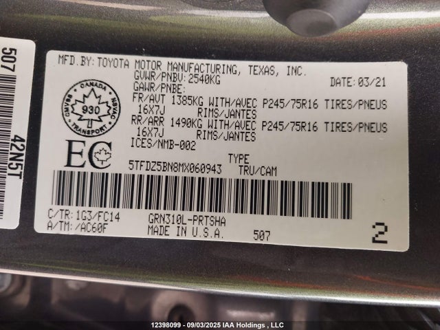 5TFDZ5BN8MX060943 Toyota 2gr-fks