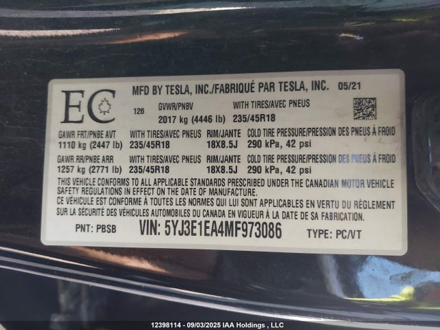 5YJ3E1EA4MF973086 Tesla MODEL 3