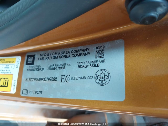 KL8CD6SA9KC797692 Chevrolet lv7 - mfi, variable valve timing, alum, gen 1 var 1