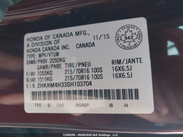 Honda k24w9 2016 2HKRM4H33GH103704 Image 9
