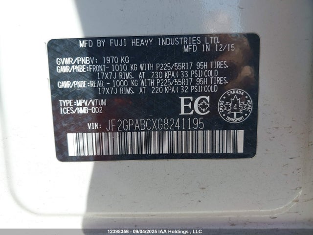 Subaru naturally aspirated 2016 JF2GPABCXG8241195 Image 9