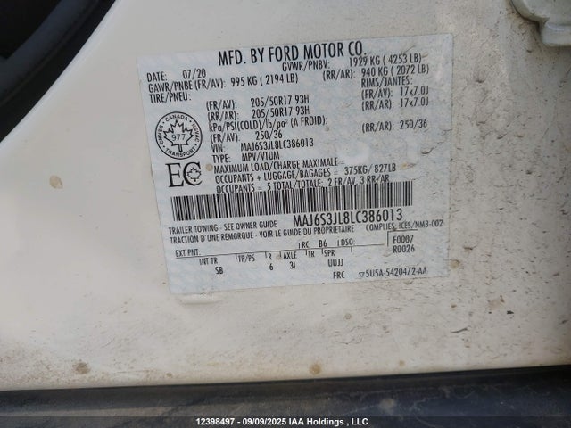 MAJ6S3JL8LC386013 Ford 2020