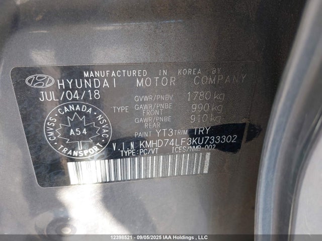 KMHD74LF3KU733302 Hyundai mpi nu