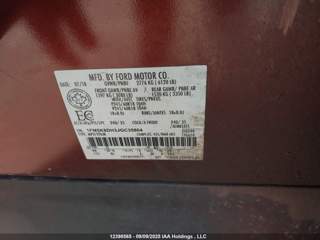 1FM5K8DH3JGC35804 Ford 2.3l gtdi