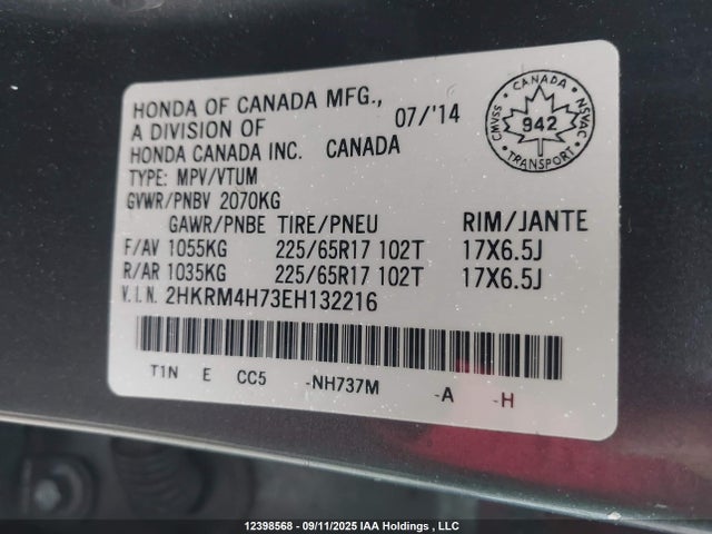 Honda k24z7 2014 2HKRM4H73EH132216 Image 9