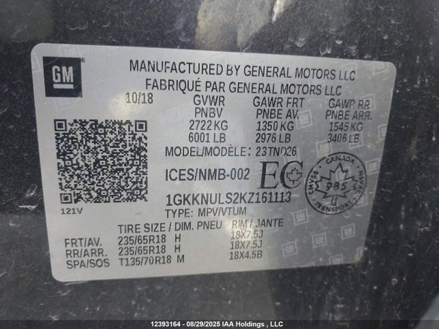 1GKKNULS2KZ161113 GMC lgx - direct injection, variable valve timing, alum, gen 2