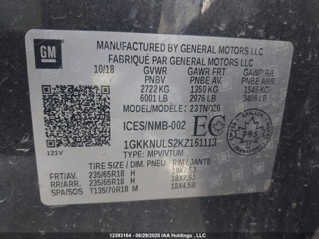 1GKKNULS2KZ161113 GMC lgx - direct injection, variable valve timing, alum, gen 2