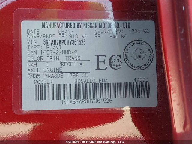 3N1AB7AP0HY361526 Nissan Sentra