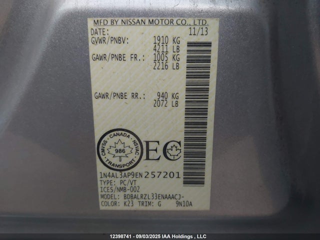 Nissan Altima 2014 1N4AL3AP9EN257201 Image 9