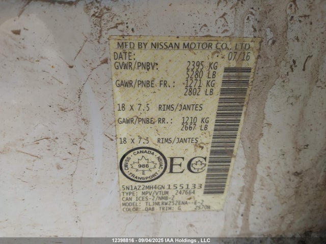 Nissan Murano 2016 5N1AZ2MH4GN155133 Image 18