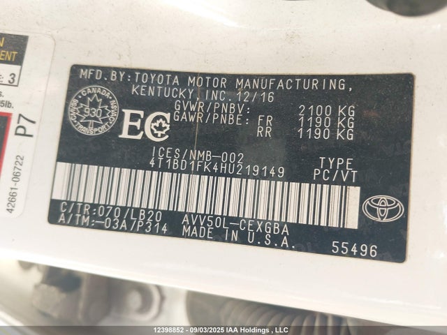 Toyota 2ar-fxe+2jm 2017 4T1BD1FK4HU219149 Image 9