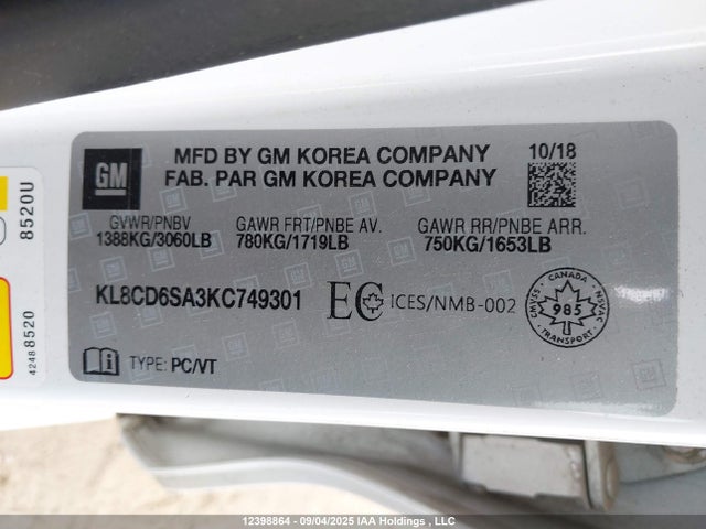 Продажа на аукционе авто 2019 Chevrolet Spark 1lt Cvt, vin: KL8CD6SA3KC749301, номер лота: 12398864