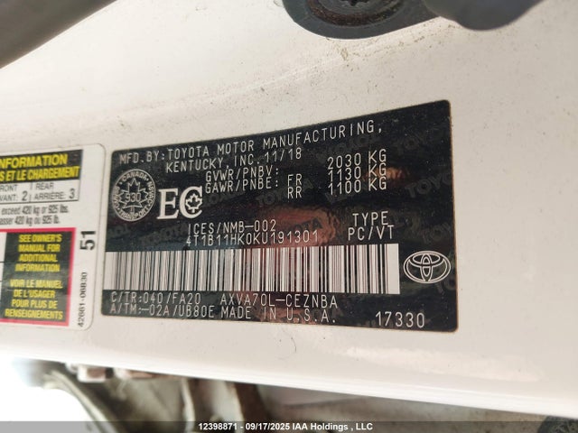 4T1B11HK0KU191301 Toyota a25a-fks