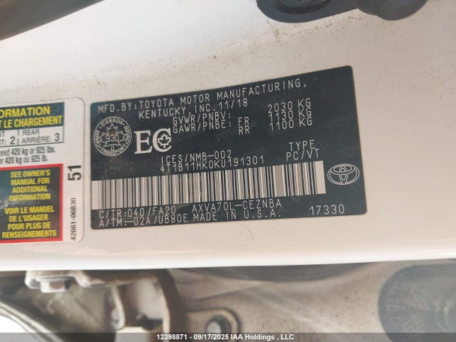 4T1B11HK0KU191301 Toyota a25a-fks