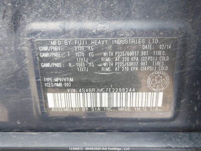 Subaru Outback 3.6r Limited 2014 4S4BRJMC7E2288244 Image 9