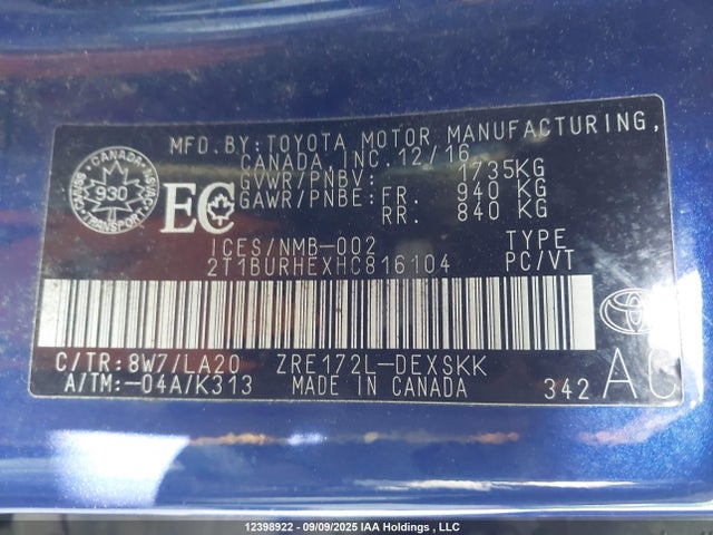 Toyota 2zr-fe 2017 2T1BURHEXHC816104 Image 9