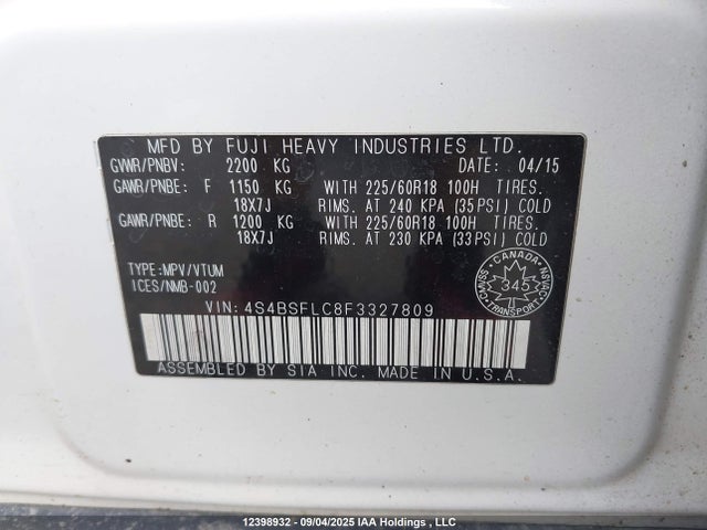 Subaru 3.6l c0 2015 4S4BSFLC8F3327809 Image 9