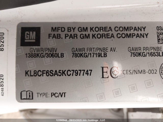 KL8CF6SA5KC797747 Chevrolet Spark 2lt