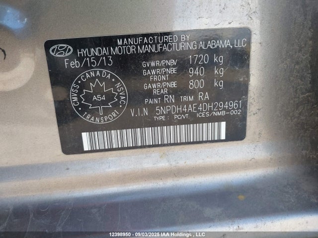 12398950 :رقم المزاد ، 5NPDH4AE4DH294961 vin ، 2013 Hyundai Elantra مزاد بيع