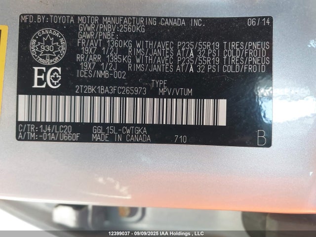2T2BK1BA3FC265973 Lexus 2gr-fe