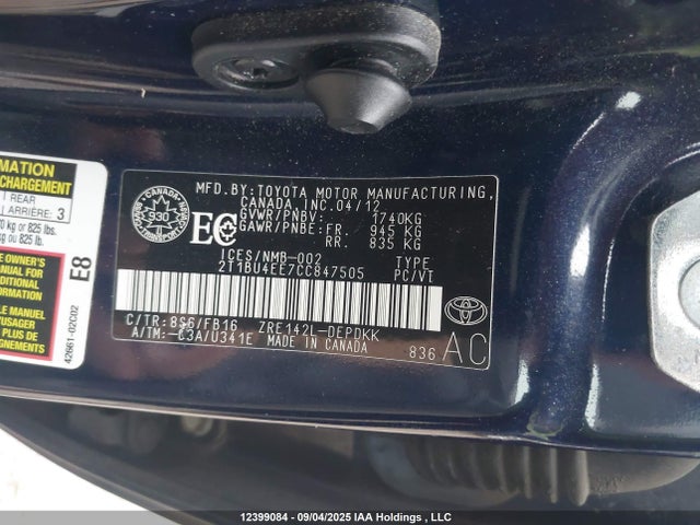 2012 Toyota Corolla S/le მანქანა იყიდება აუქციონზე, vin: 2T1BU4EE7CC847505, აუქციონის ნომერი: 12399084