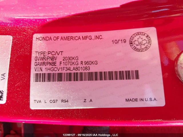 1HGCV1F34LA801083 Honda l15be