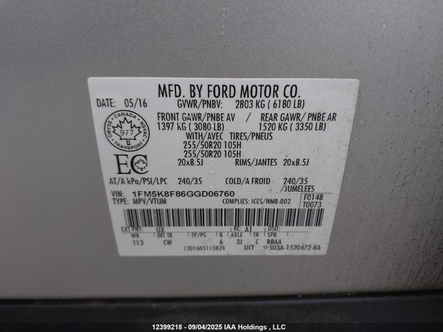 Aukcja sprzedaży 2016 Ford Explorer Limited, vin: 1FM5K8F86GGD06760, numer aukcji: 12399218