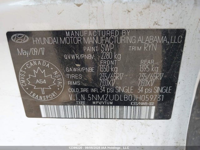 5NMZUDLB0JH059731 Hyundai gdi theta ii