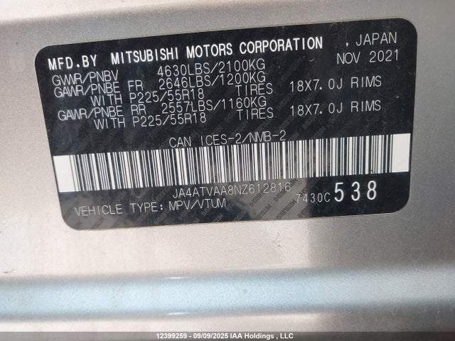 Mitsubishi tc/ic mivec 2022 JA4ATVAA8NZ612816 Image 9