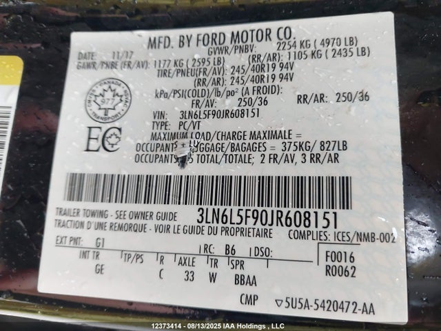 3LN6L5F90JR608151 Lincoln 2.0l gtdi high w/premium fuel