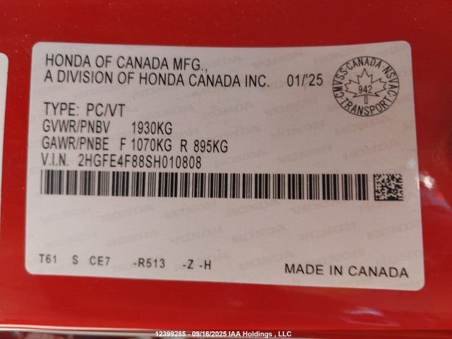 Honda lfc3 2025 2HGFE4F88SH010808 Image 9