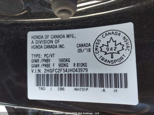 Honda k20c2 2018 2HGFC2F54JH043979 Image 9
