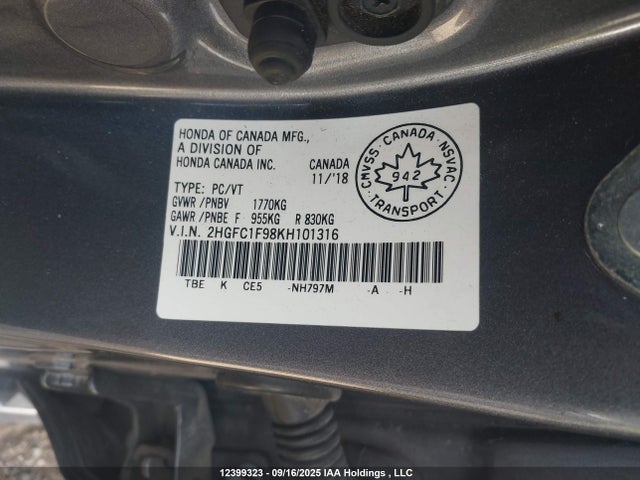 Honda l15b7/l15by 2019 2HGFC1F98KH101316 Image 9